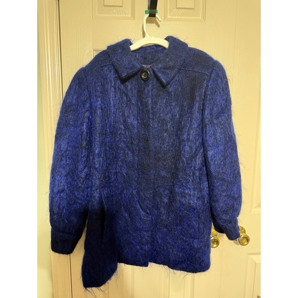 Helga Vintage Cobalt Blue Mohair Blend Fuzzy Shaggy Long Hair Coat Jacket